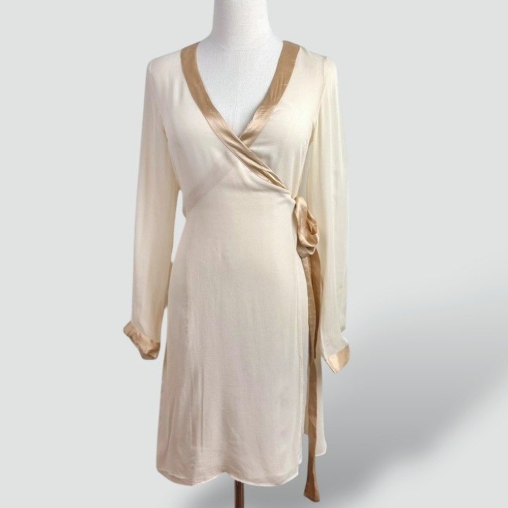Intimissimi Womens S Cream Sheer Wrap Robe Dress Satin Trim Lightweight
